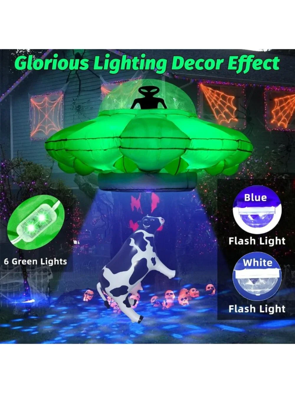 4.2FT Inflatable Alien UFO Cow Abduction Decor with LED Lights - Halloween Party